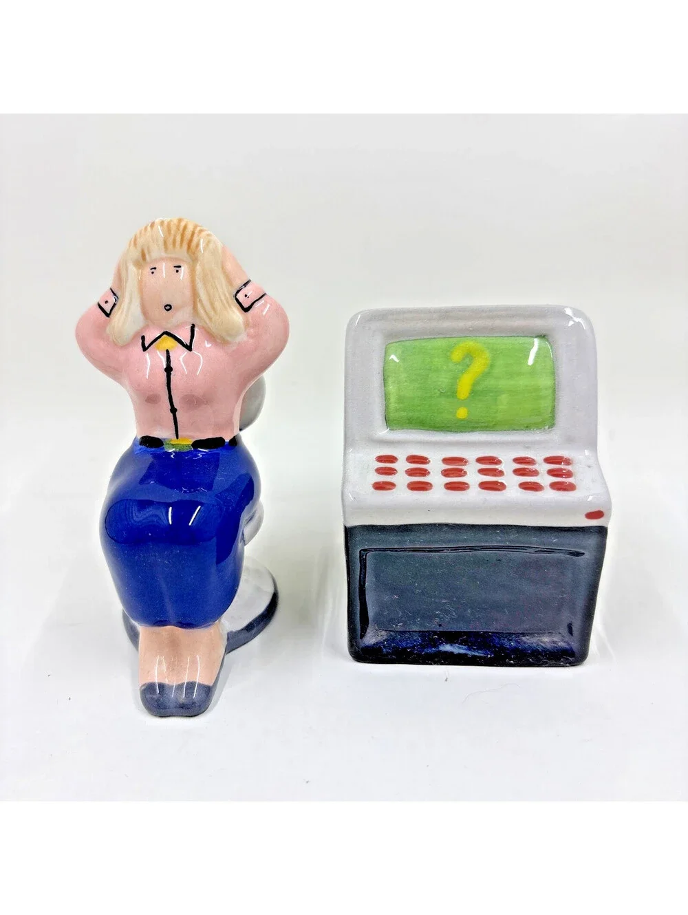 Woman sitting at 90s Style computer salt and pepper shakers  Vintage Rare